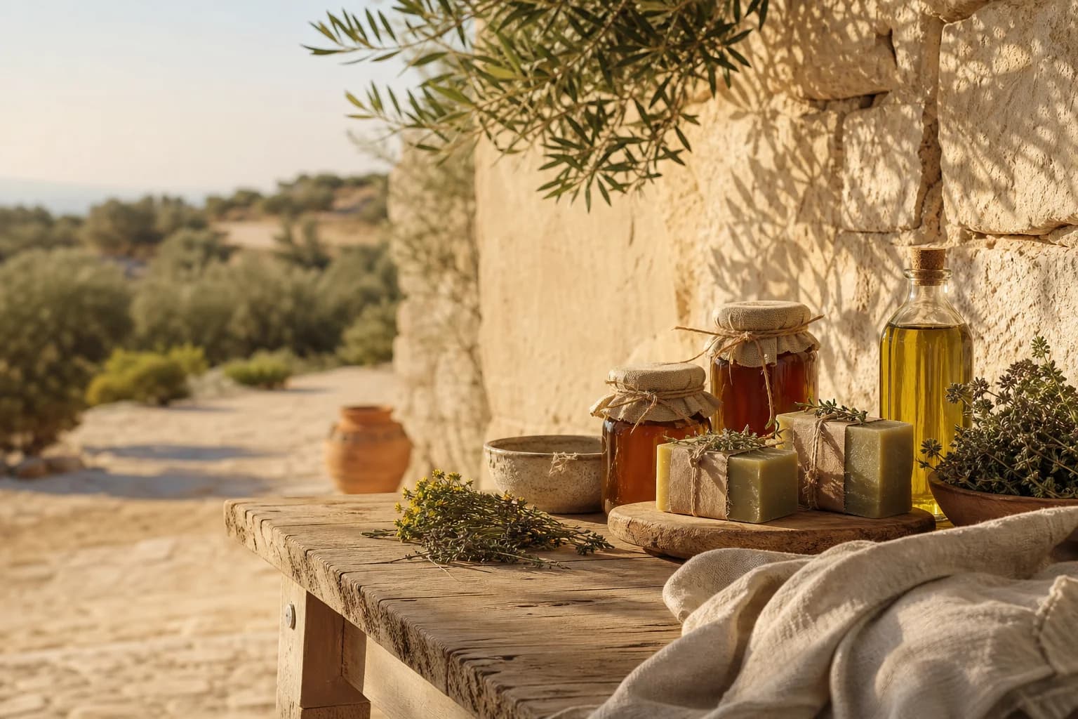 Handmade organic goods from Cypriot producers on a sunlit stone terrace
